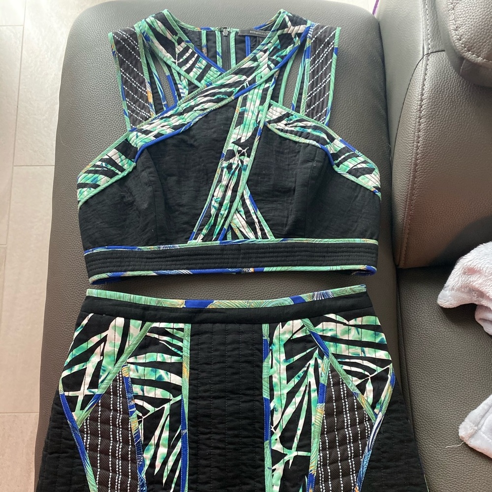 Bcbg quilted black palm crop top and skirt